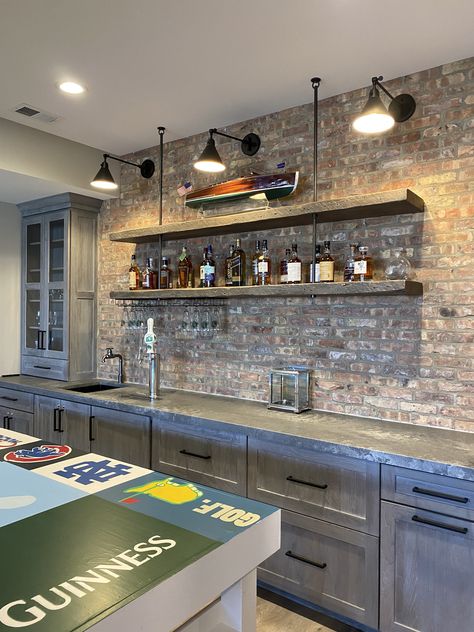 Back Wall Bar Ideas, Bar Shelves With Lights, Barndominium Bar Ideas, Brick Bar Ideas, Brick Basement Bar, Brick Bar Ideas For Home, Basement Bar Shelving Ideas, Farmhouse Basement Bar Ideas, Brick Wall Bar