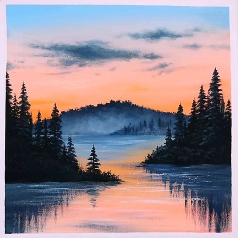 Lake Scenery Painting, Lake With Trees Painting, Lake Water Painting, Mountains And Lake Painting, Lake Painting Acrylic Easy, Mountain Lake Sunset Painting, Paint Scenery Easy, Acrylic Paint Mountains, Watercolor Lake Painting