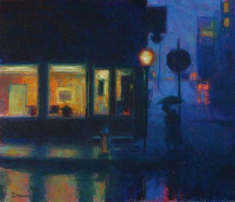 Doug Dawson Art, Contemporary Art Painting Galleries, Painting Night Ideas, Classical Art Paintings, City Paintings, Blue Art Painting, Nostalgia Art, Night Illustration, Street Painting