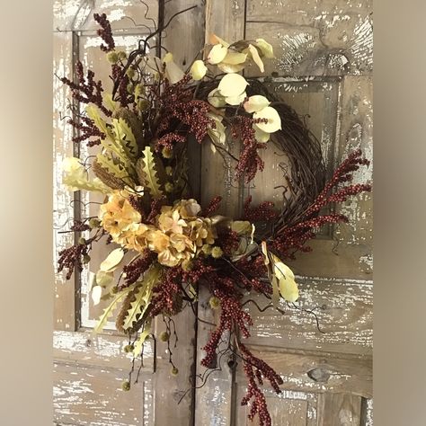 Handmade Wreath For Any Occasion/ Fall / Winter. Perfect For Front Door Or Interior Use. There Are Golden Hydrangeas, Peonies, And Eucalyptus. The Branches Have Brown Berries. There Are Large Thistles And Other Fillers. One Of A Kind And Very Unique. Very Natural Looking. Will Need To Be Reshaped Upon Receipt. Address Wreaths For Front Door, Elegant Christmas Wreaths, Brown Wreath Christmas, Fall Wreaths For Front Door Farmhouse, Boho Fall Wreath, Thanksgiving Wreath, Winter Wreaths For Front Door, Winter Wreaths, Fall Wreaths For Front Door