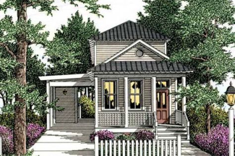 Plan #406-258 - Houseplans.com Trendy House, Narrow Lot House, Narrow Lot House Plans, Cottage Floor Plans, Southern House, Small Cottages, Cottage Style House Plans, Southern House Plans, Cottage Plan