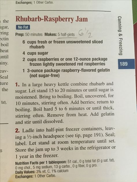 Better homes & Gardens Raspberry rhubarb freezer jam (with jello) Jam With Jello, Raspberry Rhubarb Jam, Rhubarb Freezer Jam, Easy Rhubarb Recipes, Raspberry Freezer Jam, Rhubarb Jelly, Tomatoes And Zucchini, Rhubarb Jam Recipes, Strawberry Rhubarb Jam