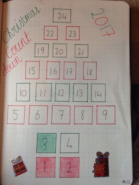 Christmas countdown bullet journal 25 Day Christmas Countdown Ideas, Christmas Countdown Drawing, Christmas Countdown Bullet Journal, Buju Ideas, Christmas Countdown Ideas, Christmas Bullet Journal, Countdown Ideas, Ideas Bullet Journal, Christmas Countdown Diy