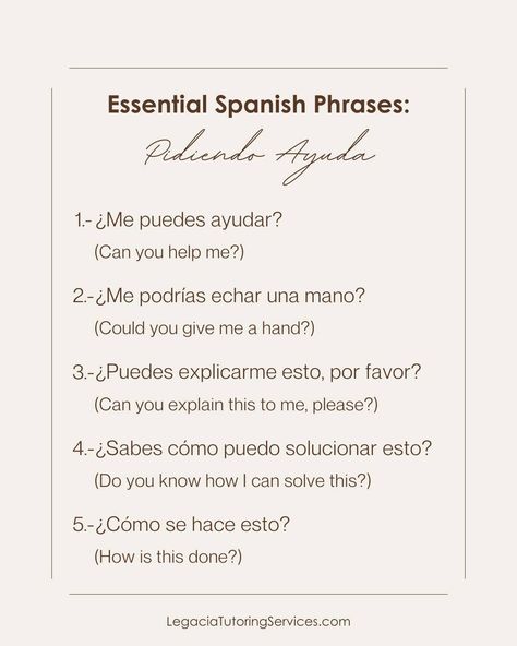 Essential Spanish Phrases for Asking for Help 🤝 ¡Hola, amigos! 👋🏽 Need a hand? These must-know Spanish phrases will help you ask for help in any situation, whether you’re traveling, working, or just trying to figure something out. Ready to make Spanish a little easier? Click the link in our bio to start learning. ¡Tú puedes! 💪 📚 The Legacia Tutoring Team #LearnSpanish | #SpanishPhrases | #AskForHelpInSpanish | #SpanishTips | #LanguageLearning | #LegaciaTutoringServices Basic Spanish Conversation, Asking For Directions, Teach Yourself Spanish, Phrases In Spanish, Spanish Conversation, Travel Phrases, Spanish Basics, Basic French Words, Learning Spanish Vocabulary