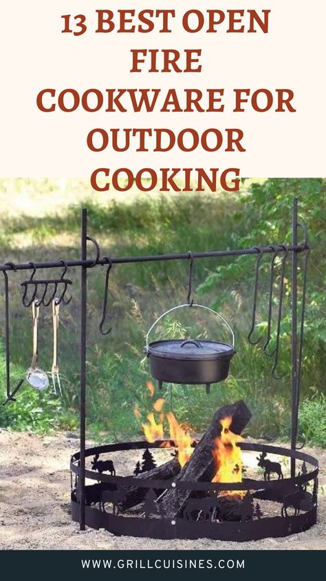 "Gear up for your next outdoor adventure with the 13 best camping cookware sets for open fire cooking! From durable pots and pans to compact utensil kits, find everything you need to create delicious meals over the flames. Elevate your camping cuisine and make memories around the campfire! 🔥⛺️ #CampfireCooking" Open Fire Cooking Setup, Open Fire Cooking Outdoors, Outdoor Fire Pit Cooking, Campfire Cooking Equipment, Cowboy Cooking, Open Flame Cooking, Pit Cooking, Camping Cooking Gear, Cooking Over Fire