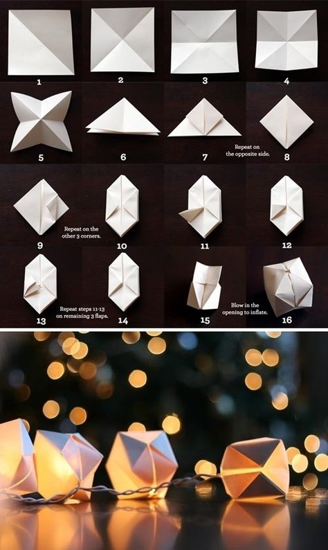 Fold paper cubes to make a decorative string of lights. | 51 DIY Ways To Throw The Best New Year's Party Ever Paper Cube, Diy String Lights, Kraf Kertas, Origami Lamp, Diy Projektit, Folding Origami, Instruções Origami, Paper Origami, Cube Light