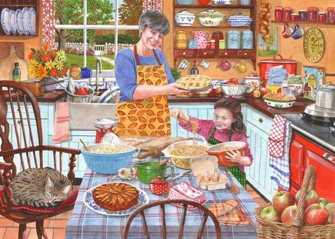 Village Scene Drawing, Larger Piece Jigsaw Puzzles, Warm Kitchen, House Cartoon, Grandma's Kitchen, Scene Drawing, Grandmas Kitchen, Free Online Jigsaw Puzzles, Hot Cross Buns