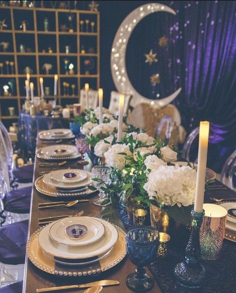 Under The Stars Table Decor, Celestial Tea Party, Astrology Party Ideas, Acotar Party Ideas, Moon Party Decorations, Acotar Party, Astrology Party, Starfall Ball, Winter Solstice Party