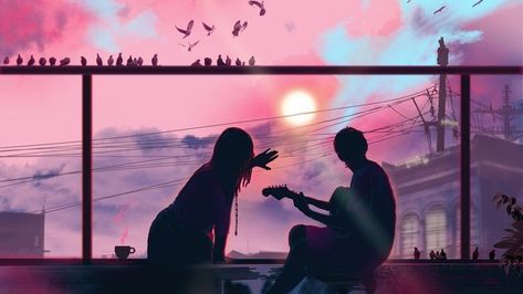 Couple Guitar Art, Guitar Couple Anime, Couple Playing Guitar, Lofi Photography, 16:9 Backgrounds, Zac Retz, Edit Quotes, Navratri Puja, Song Images