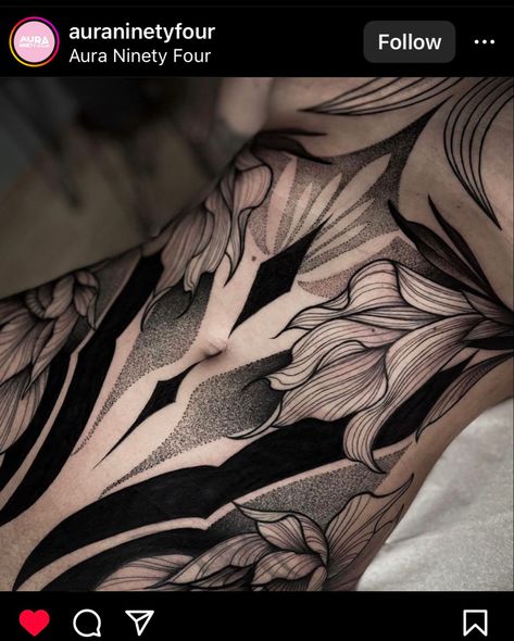 Cover Up Tattoo Black And Grey, Black Out Stomach Tattoo, Woman Torso Tattoo, Full Front Tattoos For Women, Elegant Cover Up Tattoos, Neotrad Stomach Tattoo, Symmetrical Body Tattoos, Strechmark Cover Up Tattoo, Abstract Stomach Tattoo