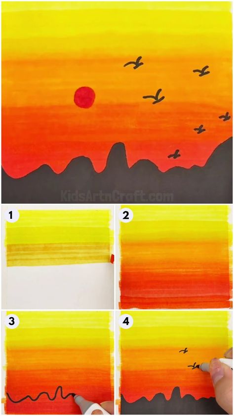 How To Make Sunset Scenery Art Tutorial For Beginners Check more at https://www.kidsartncraft.com/sunset-scenery-art-tutorial/ How To Draw Sunset, Sun Set Drawing, Simple Sunset Painting, Art Tutorial For Beginners, Drawing Sunset, Shadow Painting, Sunset Scenery, Scenery Art