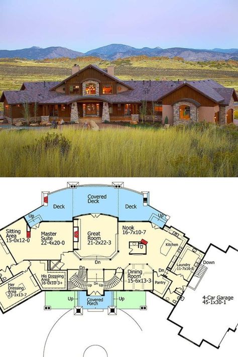 Modern Mountain House Plans, Ranch House Floor Plans, Robie House, Mountain Dream Homes, Modern Mountain House, House Plan With Loft, House Plans Ideas, Little House Plans, Rustic House Plans