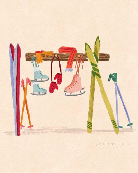 Skates and skis for the #frostyandfestivechallenge ⛷⛸ Which is your cold weather sport of choice? I’m an ice skating person, but have never… | Instagram Ice Skating Watercolor, Ski Resort Illustration, Ice Skate Illustration, Ski Painting Easy, Apres Ski Illustration, Skis Illustration, Ice Skates Illustration, Ski Doodle, Skier Illustration