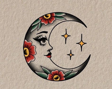 Moon Tattoo Designs Traditional, Mini American Traditional Tattoo, American Trad Sun Tattoo, Colour Moon Tattoo, American Trad Moon Tattoo, American Traditional Mystical Tattoo, Celestial Traditional Tattoo, Groovy Traditional Tattoo, Neo Traditional Sun And Moon Tattoo