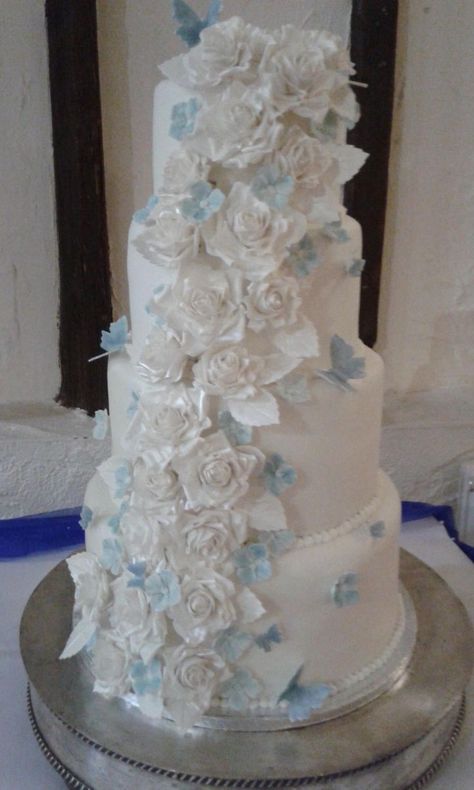 Light Blue Butterfly Quince Cake, Quinceanera Dresses Light Blue Butterfly, Sweet 15 Party Ideas Quinceanera Blue, Light Blue Quinceanera Theme, Blue Butterfly Quinceanera Theme, Butterfly Quince Theme, Baby Blue Quince, Baby Blue Quinceanera Dresses, Blue Quinceanera Ideas