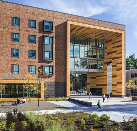 Built by ADD Inc. in Westfield, United States University Hall features 1, 4 and 6 bedroom suites, including singles and doubles, each with a shared suite bath, liv... University Hall, School Building Design, Campus Design, University Architecture, Building Elevation, Student House, School Building, Building Facade, Architecture Student