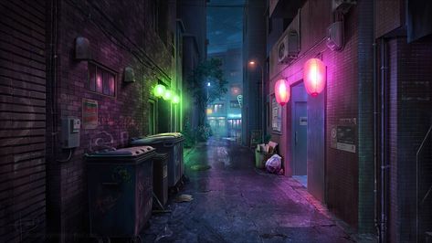 anime background art commissions, ForD Nguyen on ArtStation at https://www.artstation.com/artwork/Vd40zP Gacha Backgrounds Outside, Dark Alley, Episode Interactive Backgrounds, Anime Places, Episode Backgrounds, Scene Background, Anime City, Scenery Background, Night Background