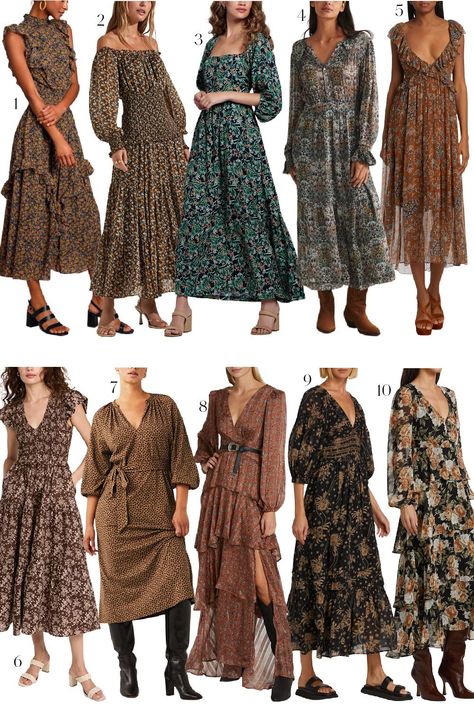 the best floral fall midi and maxi dresses Maxi Dress With Tall Boots, Floral Fall Dresses, Shoes For Maxi Dress Fall, Fall Midi Dress With Boots, Fall Midi Dresses, Floral Maxi Dress Winter Outfit, Maxi Dress And Boots Outfit, Floral Dress And Boots, Fall Maxi Dress With Boots