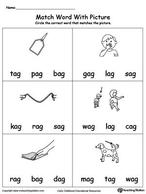 Match Word with Picture: AG Words: Provide your child with experience in identifying words ending in –AG by matching the words with each picture. Ag Words, Kindergarten Word Families, Letter Reversals, Cvc Words Kindergarten, Kindergarten Phonics Worksheets, Word Family Worksheets, Family Worksheet, Three Letter Words, Blend Words