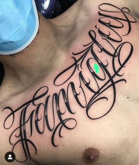 Name Across Chest Tattoo, Chest Tattoo Writing, Vitruvian Man Tattoo, Chest Tattoo Fonts, Word Tattoo Designs, Chest Tattoo Lettering, Aurora Tattoo, Tatuagem Masculina Pequena, Names Tattoos For Men