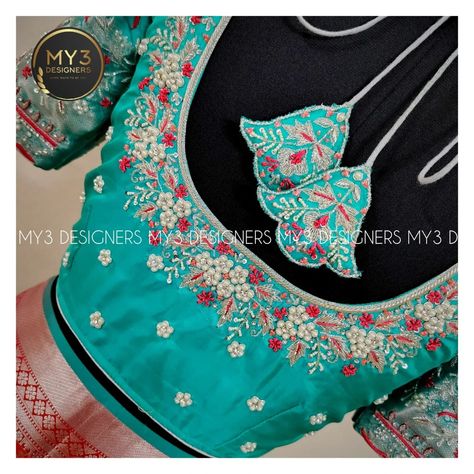 MY3's most loved 💕 Bridal work blouse🥻 👇 The Bridal Edit - A lovely Persian Green 💕 pattu blouse, exquisitely adorned with intricate ⚜️💮 flower bunches maggam work and customised pot neckline and cutwork sleeves. The design features detailed craftsmanship🧶🪡, embellished🧵 with zari, chella flowers, zardosi, cut dana, beads, Pearls, kundhans, sequins and Jarkan with Sleeve Monalisa drops . The fine detailing and pure workmanship ✨ highlight the blouse's rich and elegancy 🪅🌟 👇 MODEL NO : 114 👇 B... Cut Dana Work Designs, Pearl Maggam Work Blouse Designs, Pearl Maggam Work, Blouse Designes, Persian Green, Flower Bunches, Work Blouses, Maggam Work, Blouse Work