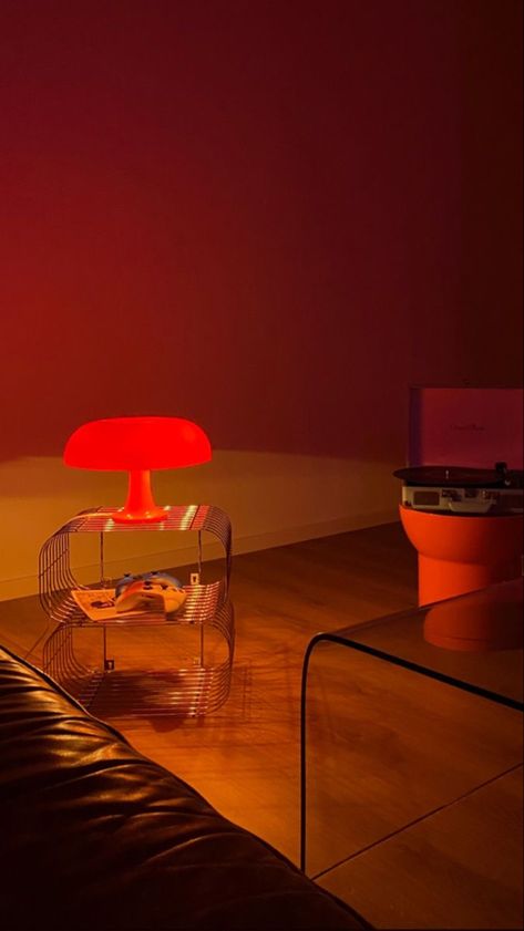 Soft Ambient Lighting, Retro Room Design, Nessino Lamp, Electric Decor, Living Room Decor Orange, Retro Living Room Decor, Mid Century Modern Lamp, Orange Lamps, Mushroom Table Lamp