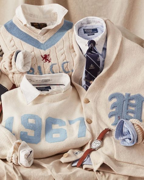 Classic club-inspired embroidery distinguishes #PoloRalphLauren Boathouse sweaters and cardigans, a signature of Ralph Lauren’s enduring… | Instagram Ralph Lauren Vintage Ads, Varsity Fashion, Ralph Lauren Men Outfits, Cricket Sweater, Menswear Inspiration, Black Ivy, Men Streetstyle, Throwing Fits, Preppy Life