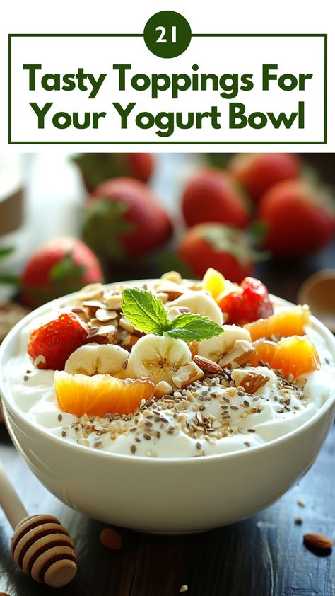 A bowl of yogurt topped with fresh fruits, nuts, honey, and seeds for a healthy and delicious meal. Fruit And Yogurt Bowl, Healthy Yogurt Breakfast, Yogurt Bowls, Low Calorie Fruits, Yogurt Toppings, Yogurt Breakfast, Breakfast Restaurants, A Healthy Breakfast, Healthy Treat