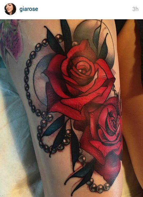 Rose and beads tattoo by Gia Rose Gia Rose Tattoo, Rose Shoulder Cap Tattoo, Gia Rose, Beads Tattoo, Cap Tattoo, Shoulder Cap Tattoo, Rose Shoulder Tattoo, Favorite Tattoos, Skull And Roses