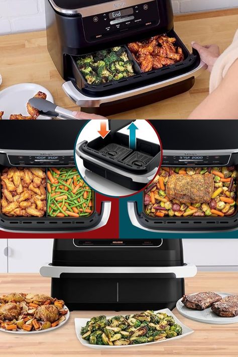 Ninja DZ071 Foodi 6-in-1 DualZone FlexBasket Air Fryer with 7-QT MegaZone & Basket Divider, Large Proteins & Full Meals, Smart Finish Cook 2 Foods 2 Ways, Large Capacity, Air Fry, Bake & More, Black Full Meals, Stanley Quencher, Air Fry, Full Meal Recipes, Cooking Time, Air Fryer, Divider, Baking, Black