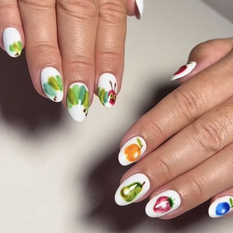 Hungry Caterpillar Nails, The Very Hungry Caterpillar Nails, Worm Nail Art, Cursed Nails, Veggie Nails, Gummy Worm Nails, Funny Nails, Slug Nails, Bug Nail Designs