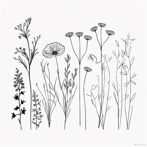 Premium Photo | A drawing of a bunch of flowers that are on a white surface generative ai Meadow Flowers Drawing, Meadow Tattoo, Wildflower Outline, Bunch Of Flowers Drawing, Illustration Plants, Garden Sketch, Rose Line Art, Wildflower Drawing, Free Stencils Printables