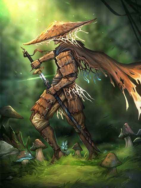 Mushroomfolk Dnd, Mushroom Warrior Art, Mushroom Druid Art, Fantasy Mushroom Creature, Mushroom Person Art, Myconid Character Art, Humanoid Mushroom, Mushroom Samurai, Plant Warrior