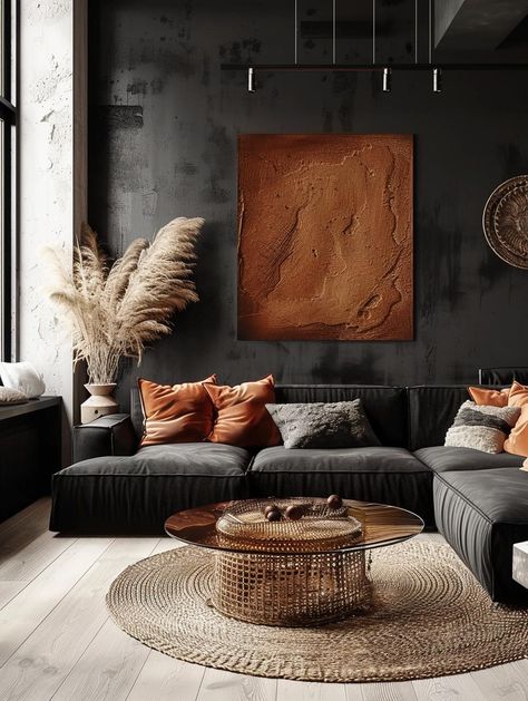 Black Couch Living Room Decor Color Schemes, Rust Living Room Ideas, Black And Rust Living Room, Industrial Interior Design Living Room, Rust Living Room, Black Walls Living Room, Warm Apartment Aesthetic, Rust Palette, Terracotta Living Room