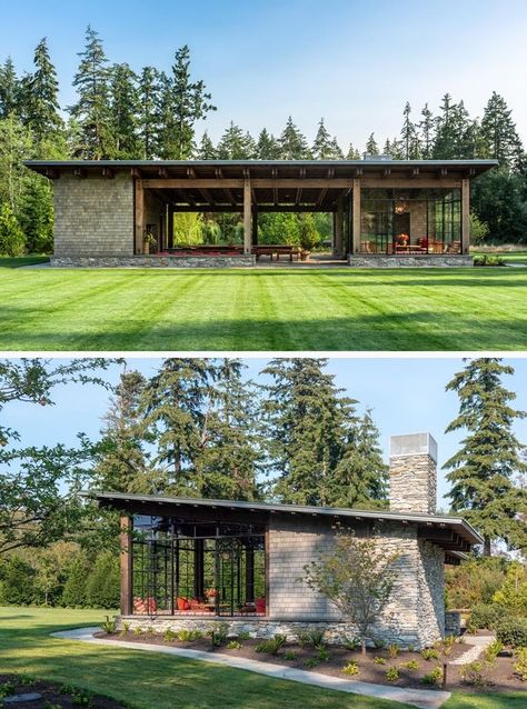 Detached Living Space, Fieldhouse Architecture, Pavilion With Bathroom, Home Pavilion, Modern Garden House, Log Seating, Modern Stone House, Stone Structures, Conservation Corps