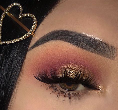 Dark Red And Gold Eye Makeup, Hoco Makeup Looks Red Dress, Red Theme Makeup Looks, Quince Red And Gold Makeup, Quince Makeup Burgundy And Gold, Maroon And Gold Makeup Looks, Red Xv Makeup Looks, Red And Gold Quince Makeup Looks, Red 15 Makeup