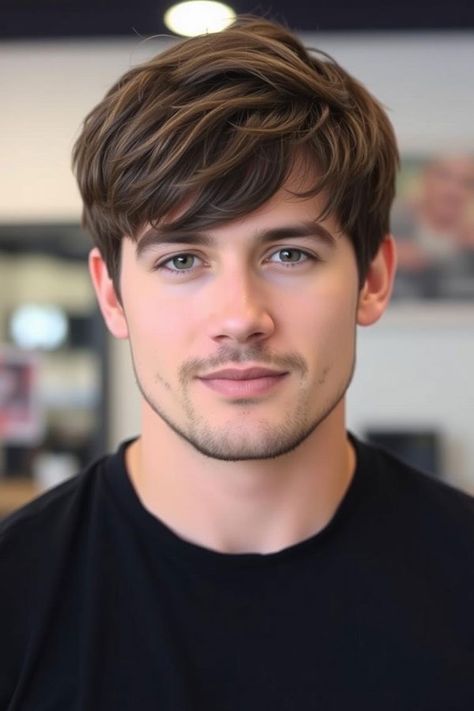 Dark Brown Short Haircut with Soft Fringe, Modern Men Hairstyle, men haircut Medium Fringe Haircut Men, Fringe Men Haircut, Flat Hair Hairstyles Men, Boys Flow Haircut, Texture Fringe Haircut Men, Flat Hair Men, Dark Brown Hair Men, Boy Short Haircut, Short Male Haircuts