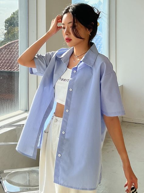 Blue Casual  Short Sleeve Polyester Plain Shirt  Non-Stretch Summer Women Tops, Blouses & Tee Button Up Polo Shirt Outfit Women, Blue And White Polo Shirt Outfit, Pastel Button Up Outfit, Short Sleeve Button Down Shirt Women, Short Sleeve Oversized Button Up, Blue Short Sleeve Button Up, Oversized Short Sleeve Button Up Outfit, Oversized Short Sleeve Shirt Outfit, Light Blue Polo Outfit For Women