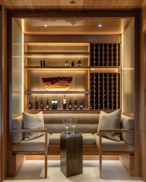 Wine Lounge Design, Wine Cellar Living Room, Wine Room Inspiration, Wine Cellar With Bar, Bar Millwork Design, Bar Sitting Area In Home Modern, Wine Bar Decor Ideas Home, Moody Wine Room, Wine Bar Living Room