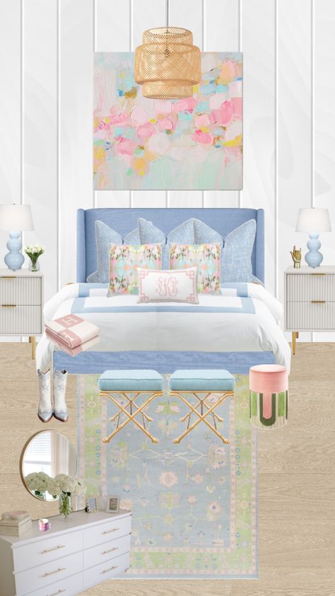 Pink Accent Room Decor, Preppy Coastal House, Preppy Throw Blankets, Bright Coastal Bedroom, Coastal Preppy Room, Pink Blue And White Bedroom, Colorful Beachy Bedroom, Coastal Vibes Decor, Preppy Pink And Blue Bedroom