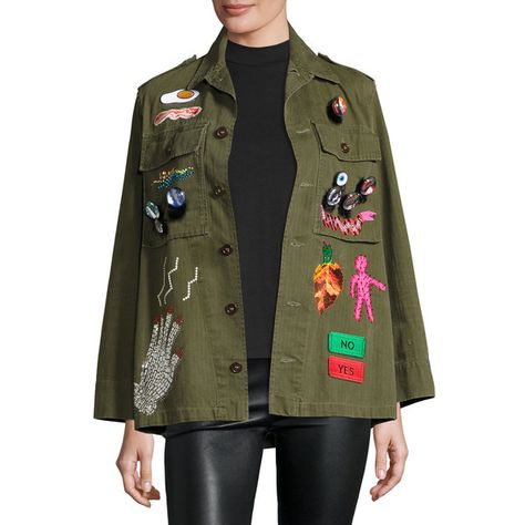 Libertine Embellished Cotton Army Jacket (98,160 PHP) ❤ liked on Polyvore featuring outerwear, jackets, green, green military jacket, field jacket, long sleeve jacket, embellished military jacket and army jacket Military Jacket Women, Military Jacket Green, Army Green Jacket, Straight Jacket, Beaded Jacket, Blazer Jackets For Women, Embellished Jacket, Army Jacket, Cargo Jacket