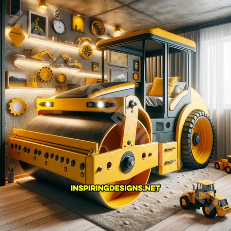 These Heavy Equipment Kids Beds Are Transforming Bedrooms into Construction Sites Kids Truck Bed, Bulldozer Bed, Kid Furniture, Truck Room, Construction Play, Kids Climbing, Kids Beds, Control Panels, Dump Trucks