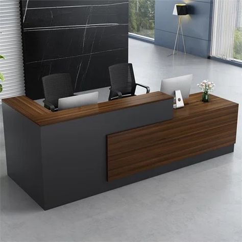 Ebern Designs Darald L-Shape Laminate Reception Desk with Filing Cabinet | Wayfair Office Table Design For 2 Person, Office Table Design Modern Unique, Contemporary Office Reception, Modern Office Reception Desk, Office Reception Table Design, Modern Reception Desk Design, Modern Office Reception, Laminate Reception Desk, Reception Desk Office Furniture