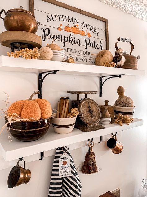 Fall Kitchen Shelf Styling, Fall Kitchen Shelves Decor, Fall Kitchen Shelves, Fall Bakers Rack Decor, Shelf Styling Kitchen, Kitchen Floating Shelves Fall Decor, Fall Shelf Decor Ideas, Buffet Wall, Fall Shelf Decor