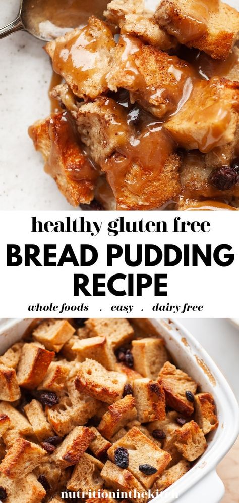 Looking for an old fashion bread pudding recipe? Try this simple and easy recipe with a gluten free and dairy free twist! It’s hearty, perfectly baked, and a great bread pudding to add to your holiday recipes. Let’s not forget the easy dairy free caramel sauce to drizzle on top! Bread Pudding Gluten Free, Gluten Free Bread Pudding Easy, Gluten Free Dairy Free Bread Pudding, Gf Bread Pudding Recipe, Healthy Bread Pudding Clean Eating, Gf Bread Pudding, Bread Pudding Dairy Free, Healthy Bread Pudding Recipe, Sugar Free Bread Pudding