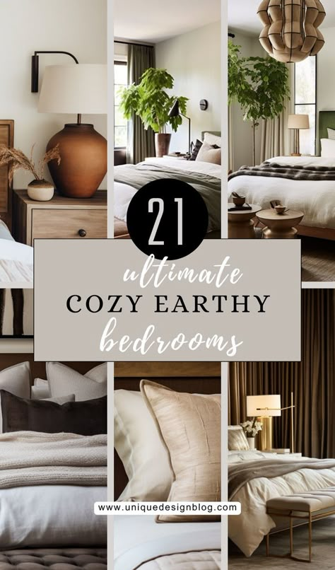 Craving a bedroom makeover? Discover the ultimate guide to cozy bedrooms! My article is your go-to for creating the perfect snug haven. Learn about the must haves and click to get inspired by 21 earthy bedroom designs.cozy earthy guest bedroom, bedroom inspirations cozy earthy, earthy room ideas bedroom cozy, cozy earthy bedroom decor ideas, cozy earthy bedroom large, luxury bedrooms, farmhouse bedrooms, boho bedrooms. Master Decor Ideas Bedroom, Small Cozy Primary Bedroom, Peaceful Earthy Bedroom, Earth Tone Bedroom Decor Ideas, Green And Brown Bedroom Decor, Natural Choice Bedroom, Modern Organic Bedroom Design, Earthy Tone Bedding, Amber Lewis Bedroom Design