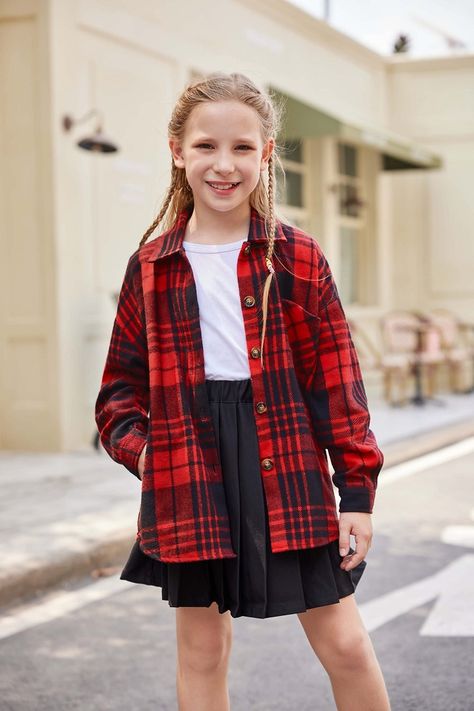 This flannel shirts for girls made of soft and comfortable fabric,Casual and loose fit. #shirt #plaid #buttonup #girls #red Girl Flannel Outfit, Red Flannel Outfit, Girls Flannel, Flannel Outfits, Plaid Shacket, Flannel Shirts, Girls Red, Red Flannel