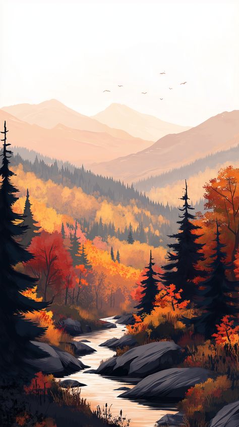 Autumn Mountain Aesthetic, Fall Landscape Drawing, Fall Mountain Wallpaper, Cozy Autumn Aesthetic Wallpaper, Cozy Phone Wallpaper, Hk Background, Screen Skin, Fall Digital Art, Fall Mountains