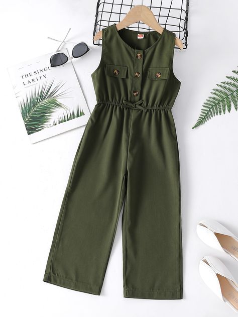 Army Green Casual  Sleeveless Polyester Plain Tank Embellished Non-Stretch Spring/Summer Toddler Girls Clothing Jumpsuit For Children, Children Jumpsuit, Toddler Girl Outfits Spring, Simple Jumpsuit, Long Frocks For Women, Long Frocks For Kids, Frocks For Babies, Spring Toddler, Frocks For Kids