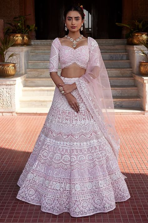 Pearl Lehenga, Lilac Lehenga, Hand Embroidered Blouse, Desi Outfits, Cutout Blouse, Indian Wedding Wear, Indian Gowns, Stylish Party, Purple Blouse